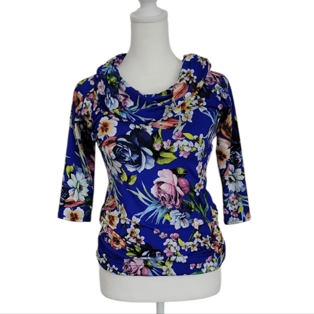 Julian Chang Vibrant Flower Print Ruched Side Seams Top Size XS
